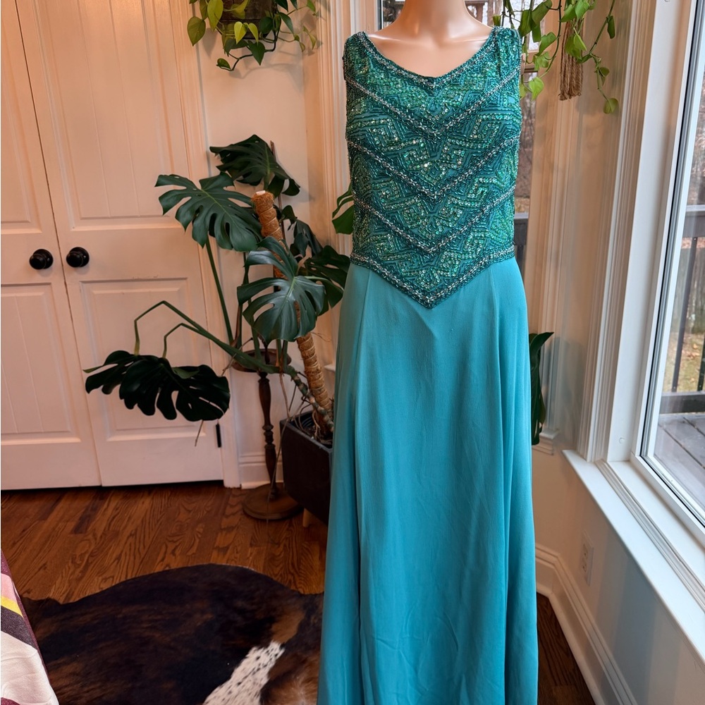 Alyce Designs Turquoise Beaded Formal Gown